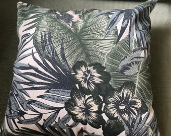 Blue green cream palm frond cushion
