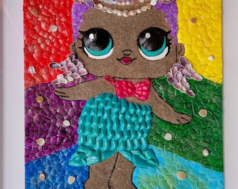 The Mermaid - Original mosaic from crystals, shells, and sand with an acrylic painting wall decor for kids