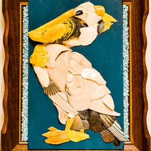 Pelican seashell original nautical mosaic with wood professional frame, wall decor 10&quot; x 12&quot; x 0.7&quot;.