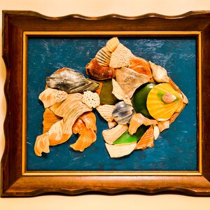 Fish seashell original nautical mosaic with wood professional frame, wall decor 10&quot; x 12&quot; x 0.7&quot;.