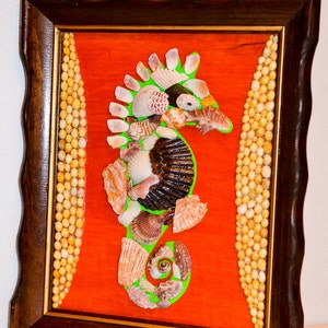 Sea Horse seashell original nautical mosaic with wood professional frame, wall decor 10&quot; x 12&quot; x 0.7&quot;.