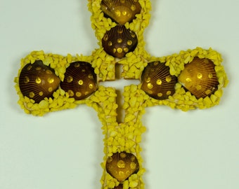 Wooden Cross with seashells and yellow stones 8 x 6