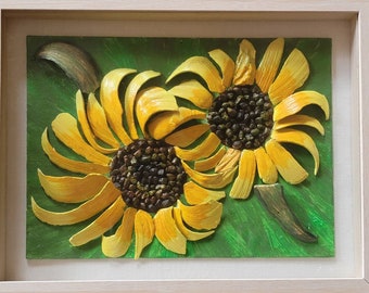 Original mixed-media seashell  mosaic and an acrylic painting "Sunflower", the size 12"x 15" x 1 3/4" with the frame.