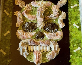 Skeleton's skull - Original Mixed media Seashell Halloween mosaic and an acrylic painting with a shadow box, size artwork is 12"x15"x 2.5"