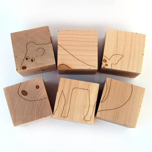 sale - wooden block animal puzzle, 6 pictures on natural wooden cubes