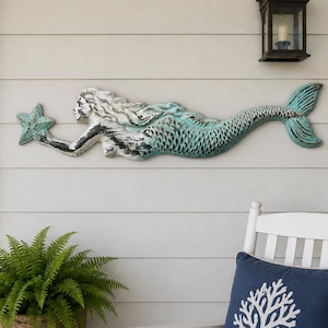 3 Ft Coastal Mermaid Wall Decor | Distressed Tin Mermaid Wall Hanging | Nautical Beach House Wall Art