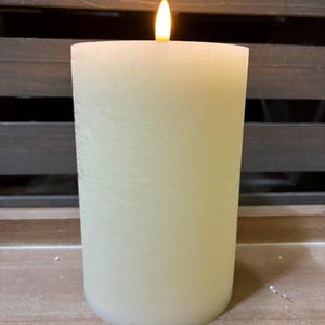 May include: A white pillar candle with a flickering flame. The candle is sitting on a wooden surface.