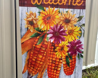 Welcome Fall Garden Flag | Corn Harvest Outdoor Decor | Autumn Front Yard Flag