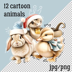 12 cartoon animals, watercolor illustration for print, high-quality JPG, PNG, digital download, paper crafts