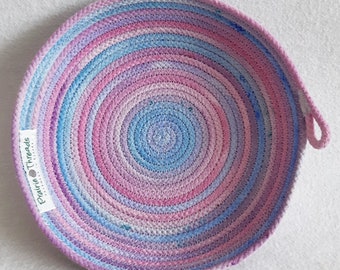 Coiled Rope Basket / Coiled Clothesline Bowl / Fabric Pottery /Hand Painted Pink Blue Purple Bohemian Medium Round by PrairiePeasant