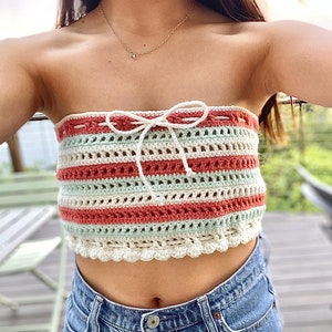 Handmade Crochet Tube Top, Crochet Summer Top, Summer Top, Crochet Bow Top, Tube Top, Striped Top, Bow Top, Crochet Top, Crochet Boho