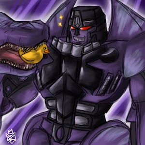 Puede incluir: Un robot morado y negro con un pato amarillo en su boca. El robot tiene una expresión amenazante y lleva un casco negro con ojos rojos. El fondo es un degradado morado y negro.