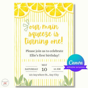 Könnte beinhalten: Gelber und weißer gestreifter Hintergrund mit Zitronen. Der Text lautet "Our main squeeze is turning one!"  Bitte feiern Sie mit uns Ellies ersten Geburtstag! Samstag, 10. Mai, 10:00 Uhr. 123 Anywhere St., Any City.
