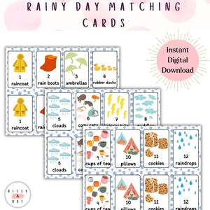 Jeu de cartes mémoire Rainy Day pour les tout-petits, les enfants - Lot de 12 cartes imprimables assorties - Téléchargement numérique instantané - Cadeau éducatif