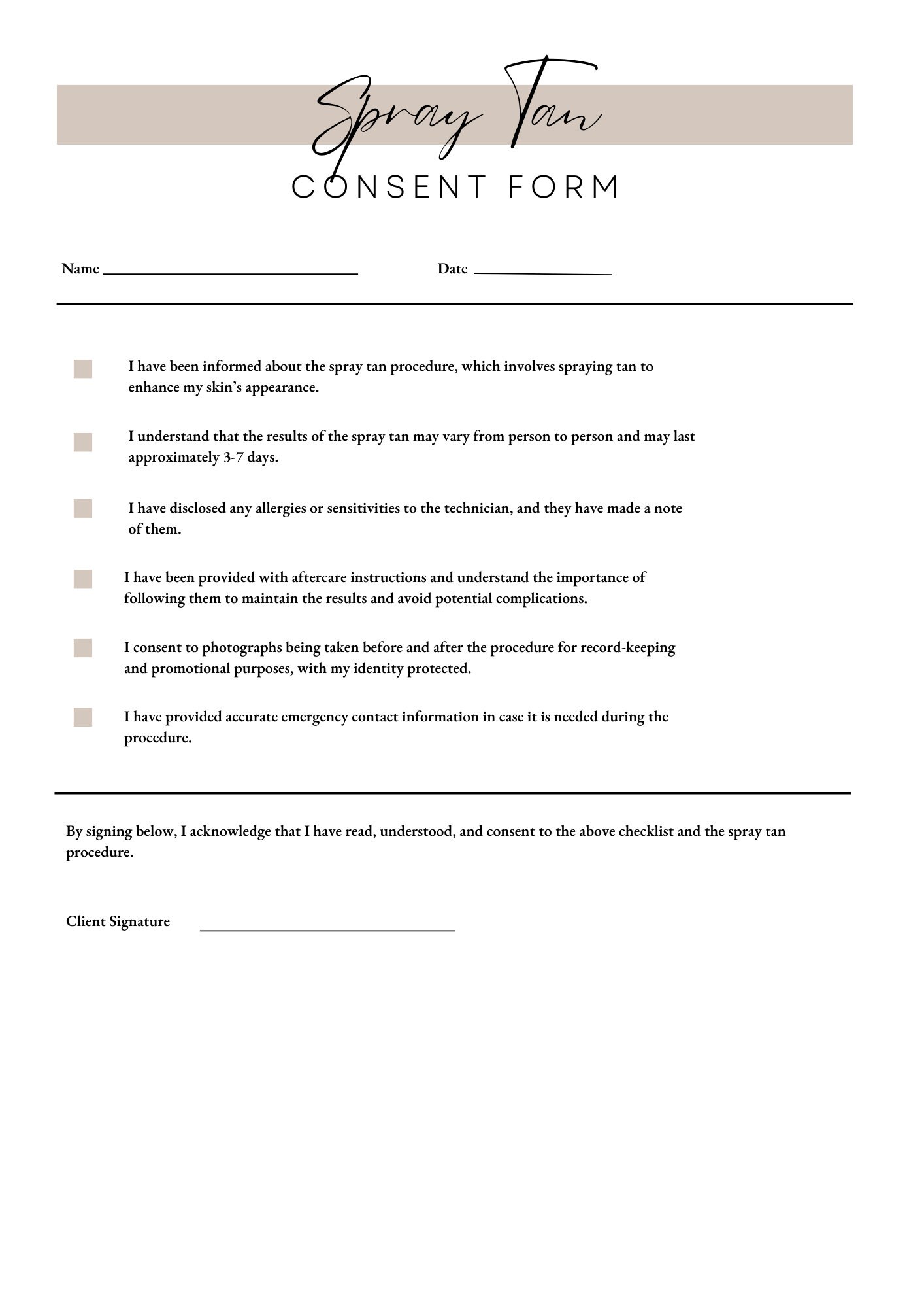 Printable Spray Tanning Consent Form, Client Info Form, and Price List ...