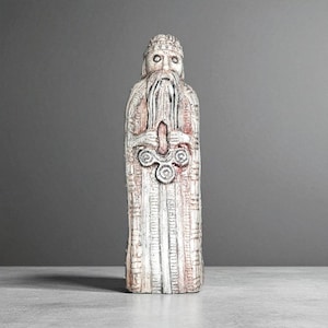 Thor Statue God Thor Small Wooden Figurine Small Figurine of Thor is Made of Natural Clay Thor With Hammer Mjolnir Norse God Heathen Idol