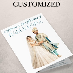 Może przedstawiać: Zaproszenie ślubne z ilustracją pary w tradycyjnym indyjskim stroju ślubnym. Na zaproszeniu widnieje napis "Welcome to the Wedding of RAM & DARA" oraz tekst "MADE JUST FOR YOU OUTFITS FULLY CUSTOMIZED."