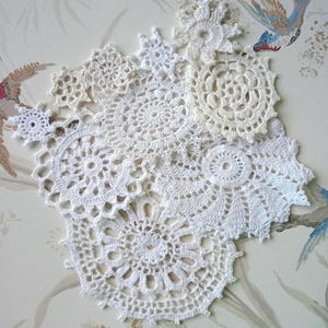 10 Crochet mini Doily Bundle: 10 Vintage White/Cream slow stitching Embellishments, mindful sewing, zen sewing