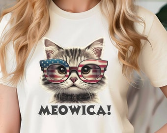 May include: White t-shirt with a cartoon cat wearing American flag sunglasses and a black bow tie. The text "MEOWICA!" is printed below the cat.
