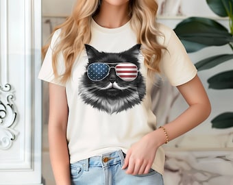 Short-Sleeve Unisex T-Shirt- Patriotic Cat Shirt for Independence Day, 4th of July, Memorial Day - USA Flag Cat Lover Tee