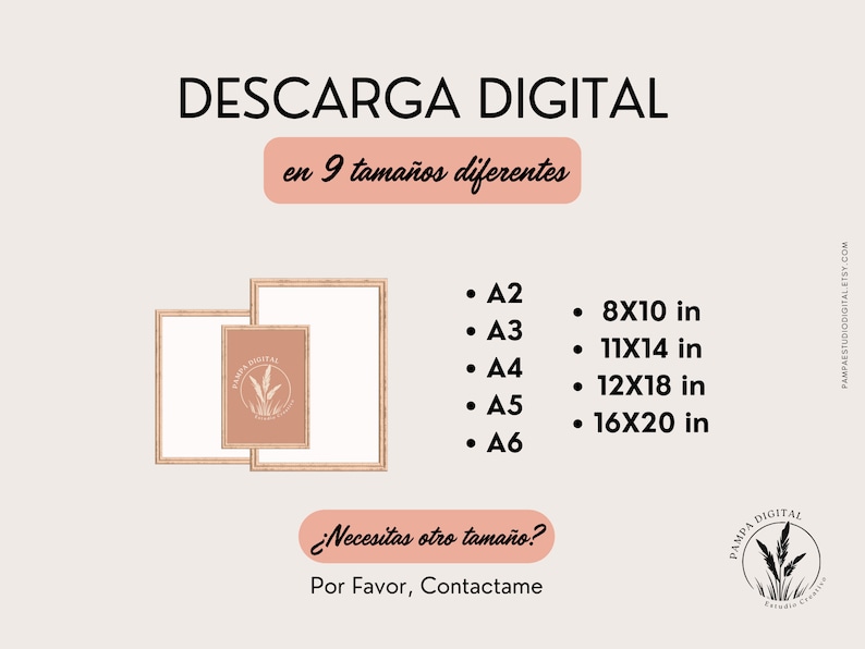 May include: Digital download of a printable art print in 9 different sizes: A2, A3, A4, A5, A6, 8x10 inches, 11x14 inches, 12x18 inches, and 16x20 inches. The image shows two wooden frames with a pink background and the text "DESCARGA DIGITAL" in black.
