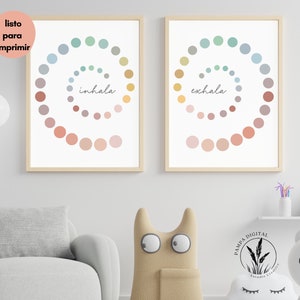 May include: Two printable posters with a colorful spiral design and the words "inhala" and "exhala" in Spanish. The posters are framed in wood and are ready to be printed.
