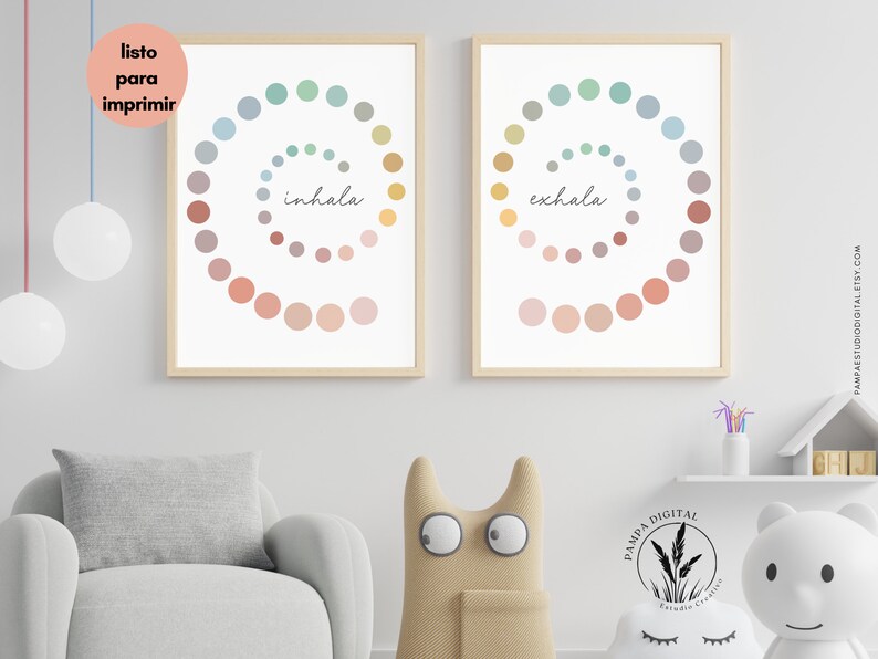 May include: Two printable posters with a colorful spiral design and the words "inhala" and "exhala" in Spanish. The posters are framed in wood and are ready to be printed.