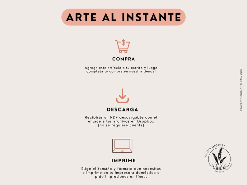 May include: A graphic illustration showing the steps to purchase and download digital art. The steps are: 1. Buy, 2. Download, 3. Print. The illustration includes a shopping cart, a download arrow, and a laptop.