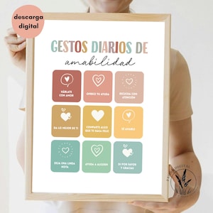 May include: A printable poster with a white background and colorful squares. The poster is titled "GESTOS DIARIOS DE amabilidad" and features a list of daily acts of kindness in Spanish.