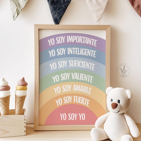 I Am Spanish Affirmations Printable Wall Art, Boho Kids Room Wall Decor, Classroom Wall Art, Bilingual Spanish Print Educational Nursery Art