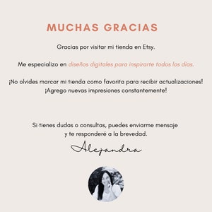 May include: A thank you message in Spanish from a digital design shop owner. The message says "Muchas Gracias" and includes a message thanking customers for visiting their Etsy shop. The message also says that they specialize in digital designs and encourages customers to mark their shop as a favorite to receive updates.