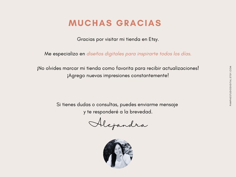 May include: A thank you message in Spanish from a digital design shop owner. The message says "Muchas Gracias" and includes a message thanking customers for visiting their Etsy shop. The message also says that they specialize in digital designs and encourages customers to mark their shop as a favorite to receive updates.