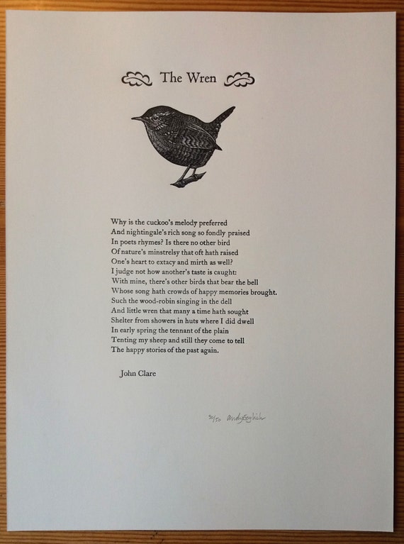 Items similar to Wren, a poem by John Clare. Letterpress broadside with
