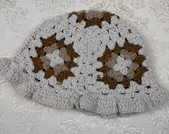 Vintage Handmade Crochet Beanie Hat in Tan with Brown Accents