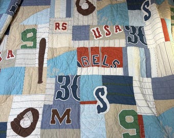 Vintage Pottery Barn Kids Patchwork Sports Quilt - Full Size 89x89 READ