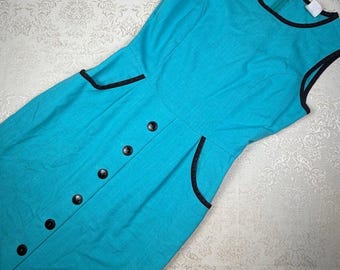 Vintage Classic Teal Sheath Dress with Black Trim, Pockets, 12