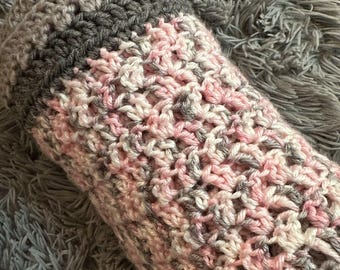 Vintage Handmade Crocheted, Baby Blanket Afghan Gray White Pink 36 X 48