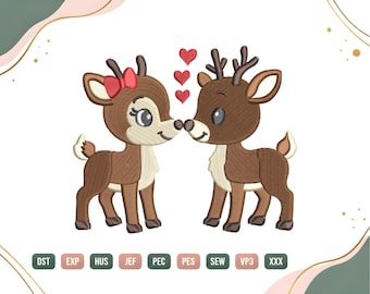 Borduurpatroon van een rendierpaar, schattige kerstrendieren met hartjes, borduurpatroon van verliefde rendieren voor de borduurmachine, digitale download van een rendier.