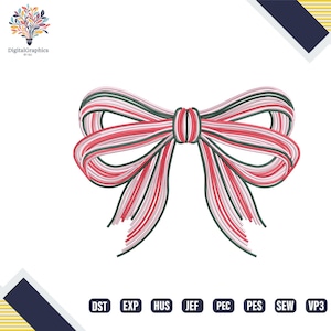May include: A digitally created bow design in red, white, and green. The bow is made of layered, textured lines, with a central knot and flowing loops. The design is set against a white background, with the text "DigitalGraphics by SLJ" in the upper left corner.