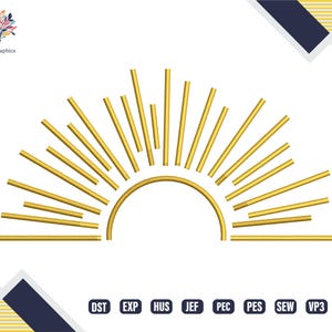 May include: A gold sunburst design with a half-circle shape. This design is perfect for embroidery projects.