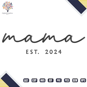 Puede incluir: Texto en cursiva en blanco y negro que dice "mama" con el texto "EST. 2024" debajo. El texto está sobre un fondo blanco con un patrón geométrico azul y amarillo en las esquinas.