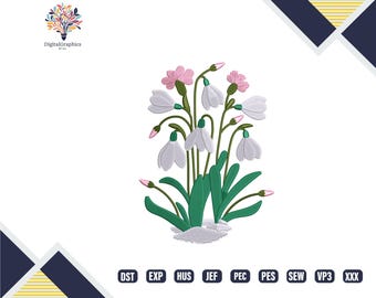 May include: An embroidery design featuring a cluster of white snowdrop flowers with green stems and leaves, and pink buds and blossoms. The design includes the text "DigitalGraphics by SLJ" and various file format abbreviations.