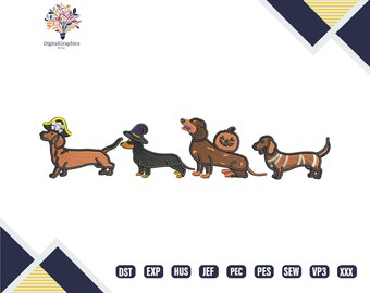 Lindo bordado de perro de Halloween, bordado a máquina de perro salchicha Weiner, patrón de bordado de cachorro espeluznante, archivo de descarga digital instantánea