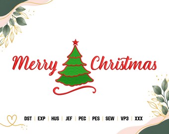 Borduurpatroon van een kerstboom, sierlijke letters voor de borduurmachine, feestelijk kerstborduurpatroon, digitale download