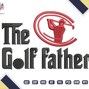 May include: Embroidered design featuring a golfer swinging a club in a red circle with the text "The Golf Father" in black.