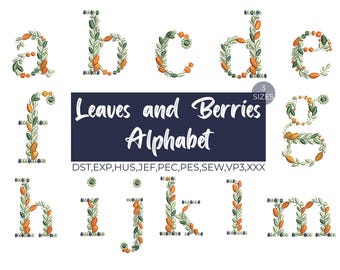 Machineborduurwerk kleine letters, borduurpatronen bladeren en bessen, borduurontwerpen alfabet, monogram botanische broderie, download