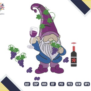 May include: An embroidered design featuring a gnome holding a glass of wine, with grapes and a wine bottle. The gnome wears a purple hat and boots, a blue jacket, and has a white beard. The design includes the text "DigitalGraphics by ALI".