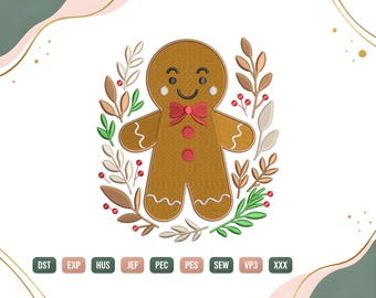 Kerstborduurpatroon met peperkoekmannetjes, kranspatroon met peperkoekmannetjes, PES DST borduurbestand voor de feestdag, digitale download