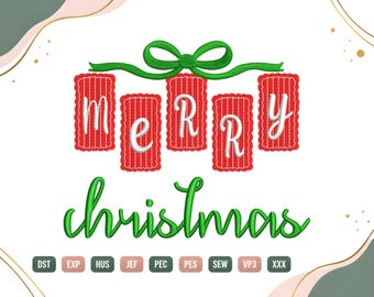 Merry Christmas Bow Embroidery Design, Christmas Tree Ornament Embroidery, Holiday Machine Embroidery File, Xmas Applique, Instant Download