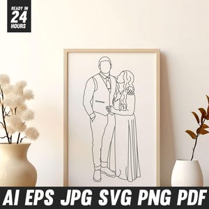 Arte lineal con fotografía de pareja, boceto de retrato personalizado, dibujo de contorno personalizado, regalo del día de la madre, regalo de aniversario, recuerdo de boda, arte lineal